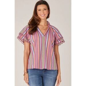 Democracy Women's Short Flounce Sleeve Crochet Lace Ruffle Neck Blouse Stripe